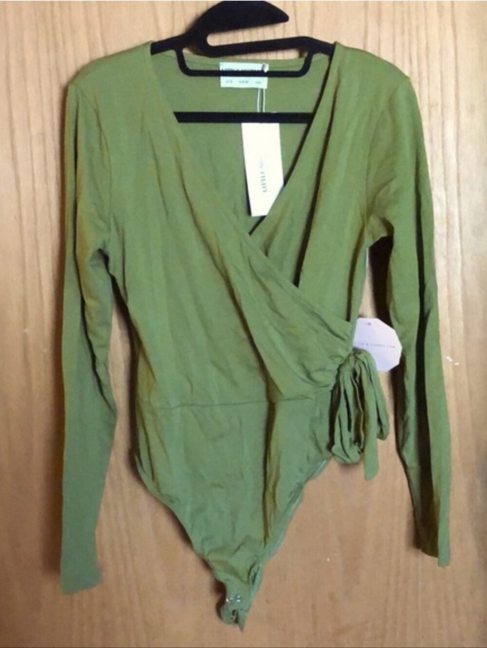 NWT Women's Little Mistress London Olive Wrap-Front Long Sleeve Bodysuit Size 6